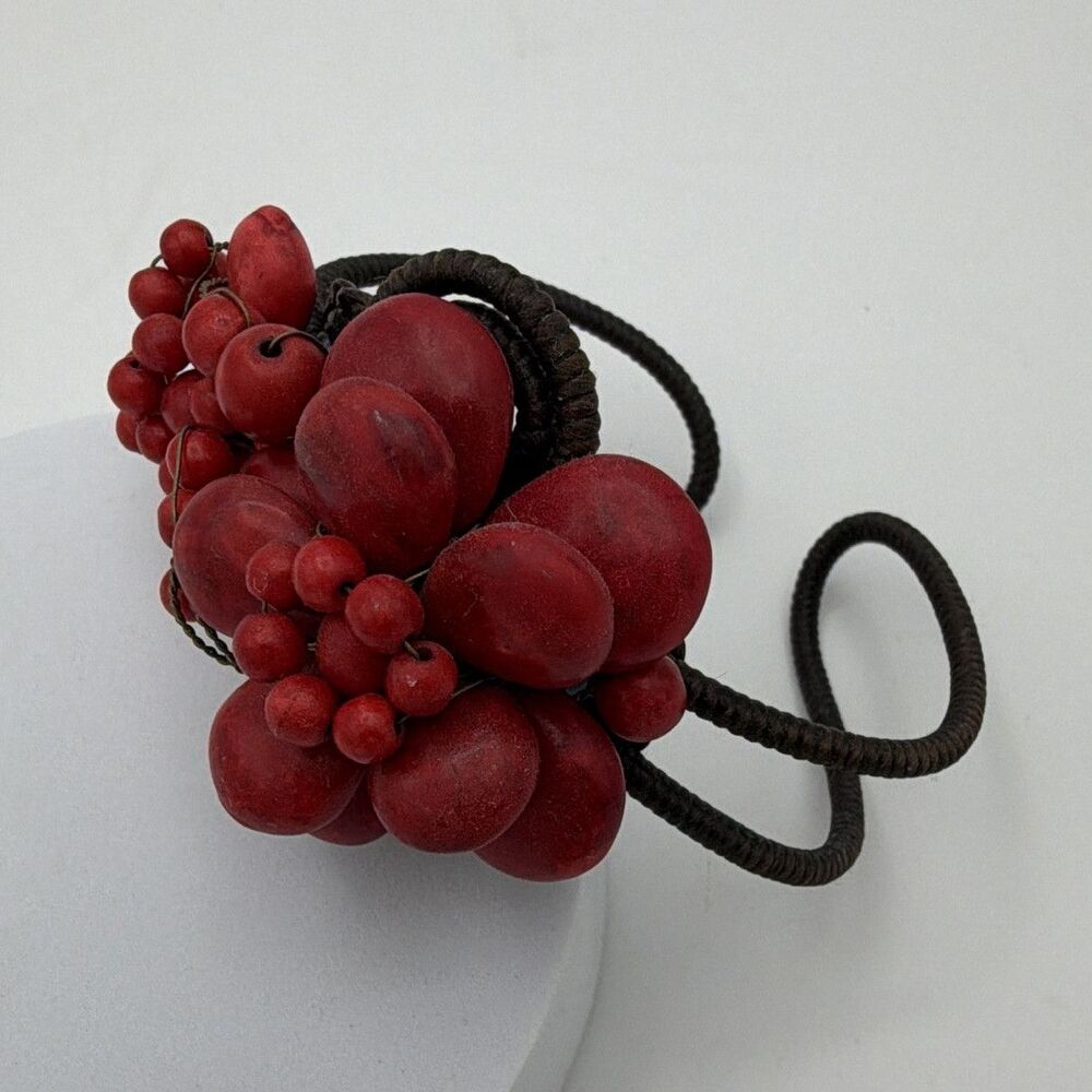 Red Brown Beaded Cord Flower Cluster Cuff Bracelet Stackable Bohemian No Stone